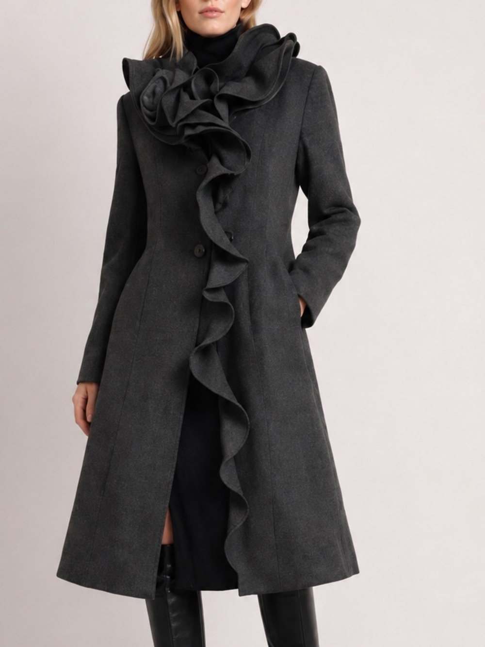 BLUE SAND Italian Ruffle Rosette Coat Avant Garde Goth Wool Look